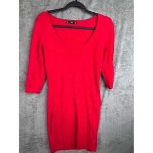 MNG Basics Red Bodycon Dress Ribbed Knit‎ Scoop Neck 3/4 Sleeve Medium
